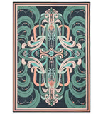 Luxury handwoven abstract rug in teal and peach with intricate symmetrical floral and swirl patterns