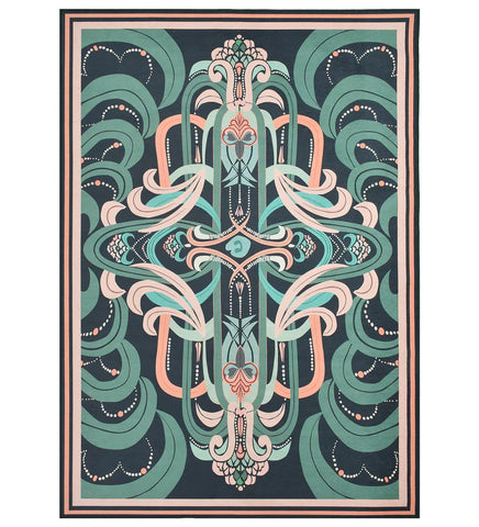 Teal and Peach Abstract Machine Washable Rug with modern artistic design.