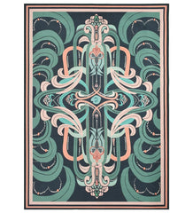 Teal and Peach Abstract Machine Washable Rug with modern artistic design.
