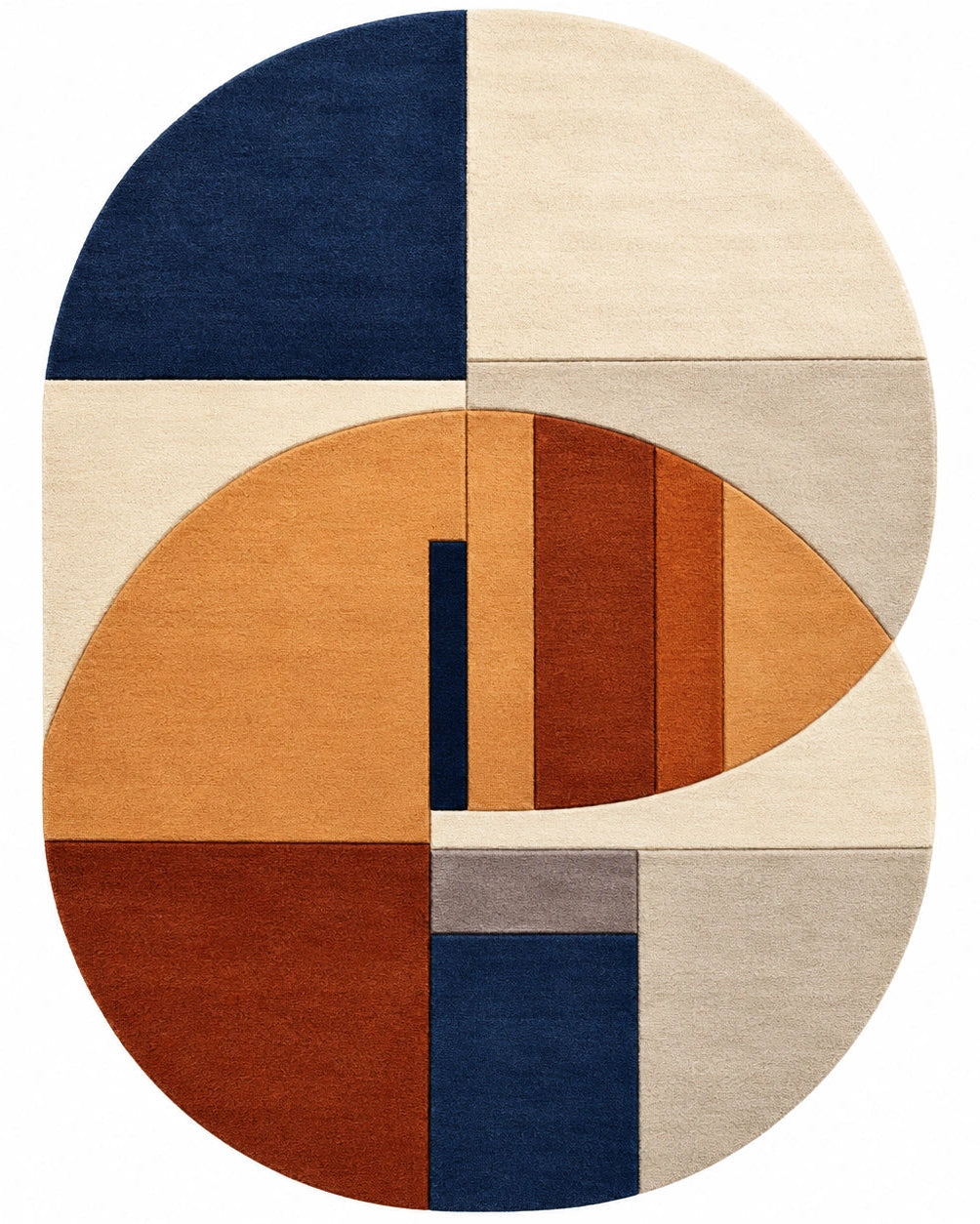 Blue and rust geometric wool area rug with curved arch design for a living room, 8x10 size