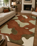 Living room with a colorful abstract rug, sofa, and fireplace.