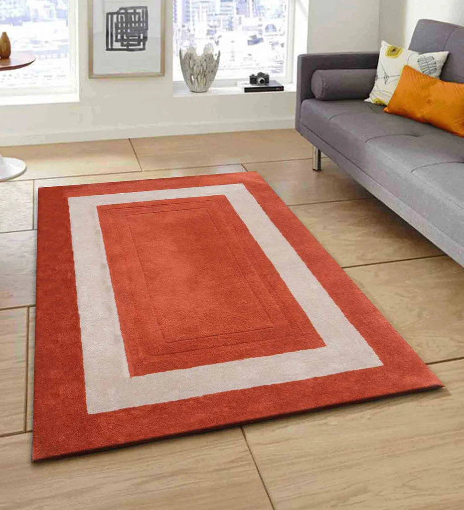 Modern terracotta rug with beige rectangular border