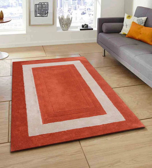Modern terracotta rug with beige rectangular border