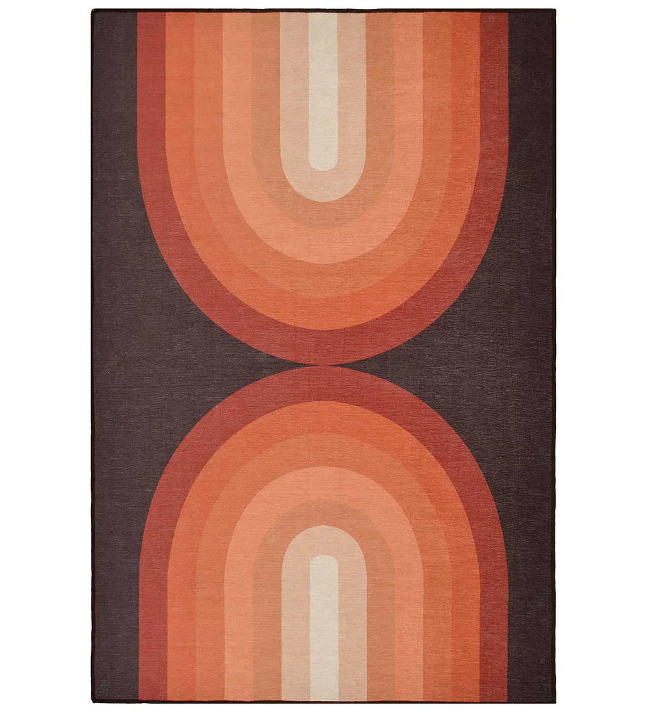 Terracotta retro geometric arch rug with warm tones.