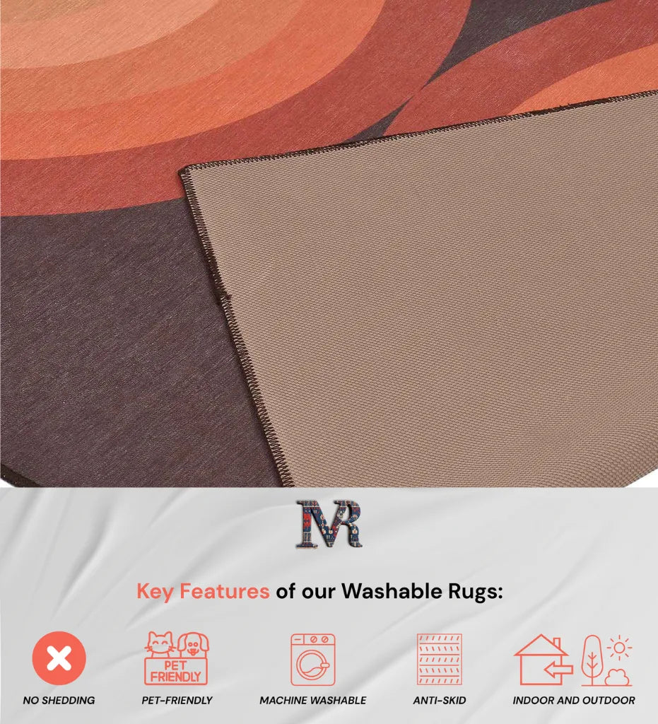 Low-profile terracotta arch rug for mid-century modern homes.