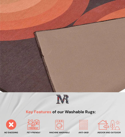Low-profile terracotta arch rug for mid-century modern homes.