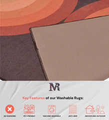 Low-profile terracotta arch rug for mid-century modern homes.