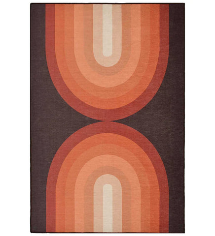 Terracotta retro geometric arch rug with warm tones.