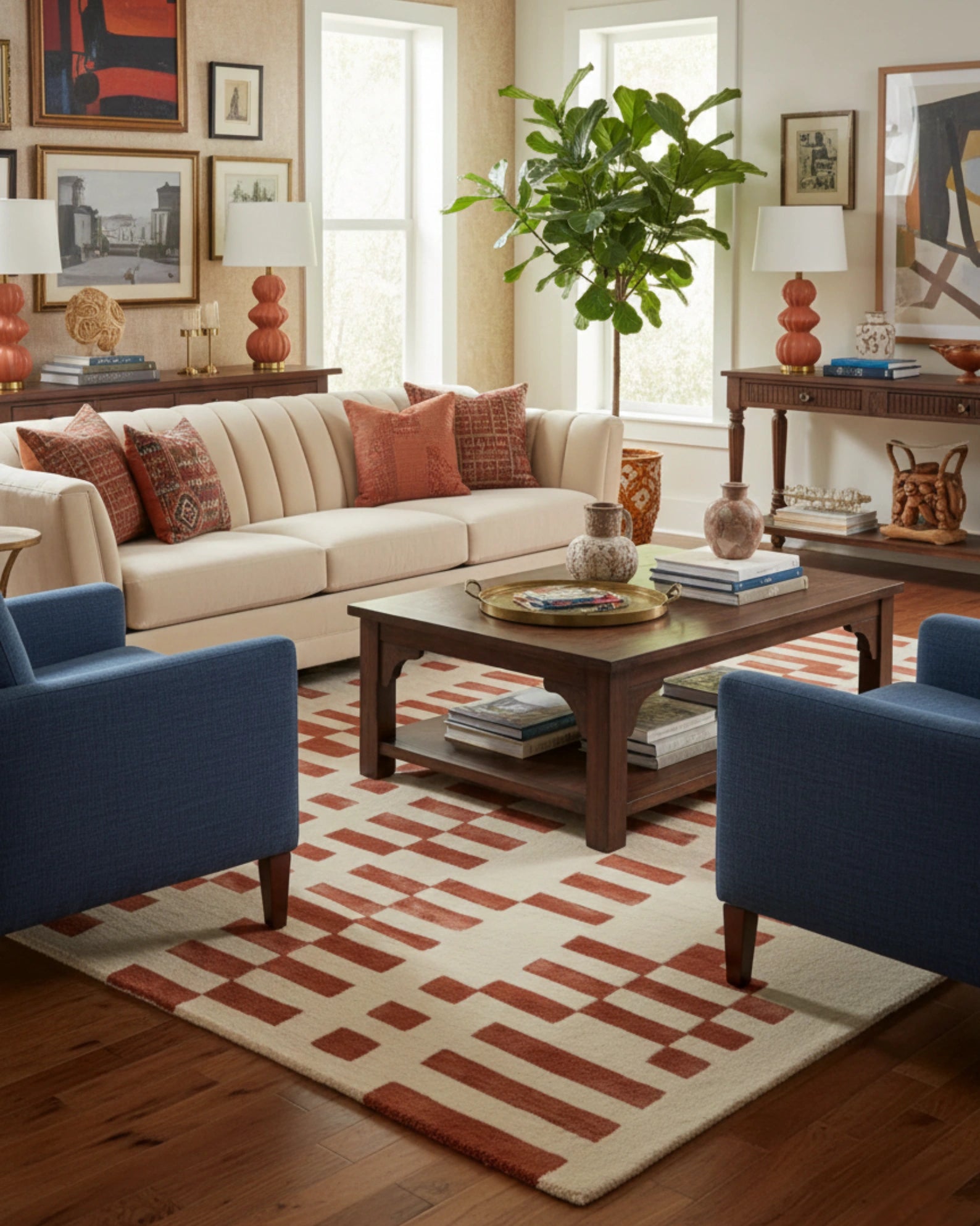 Terracotta and beige geometric area rug in a stylish living room with cream sofa, blue chairs, wood coffee table, and decorative accents