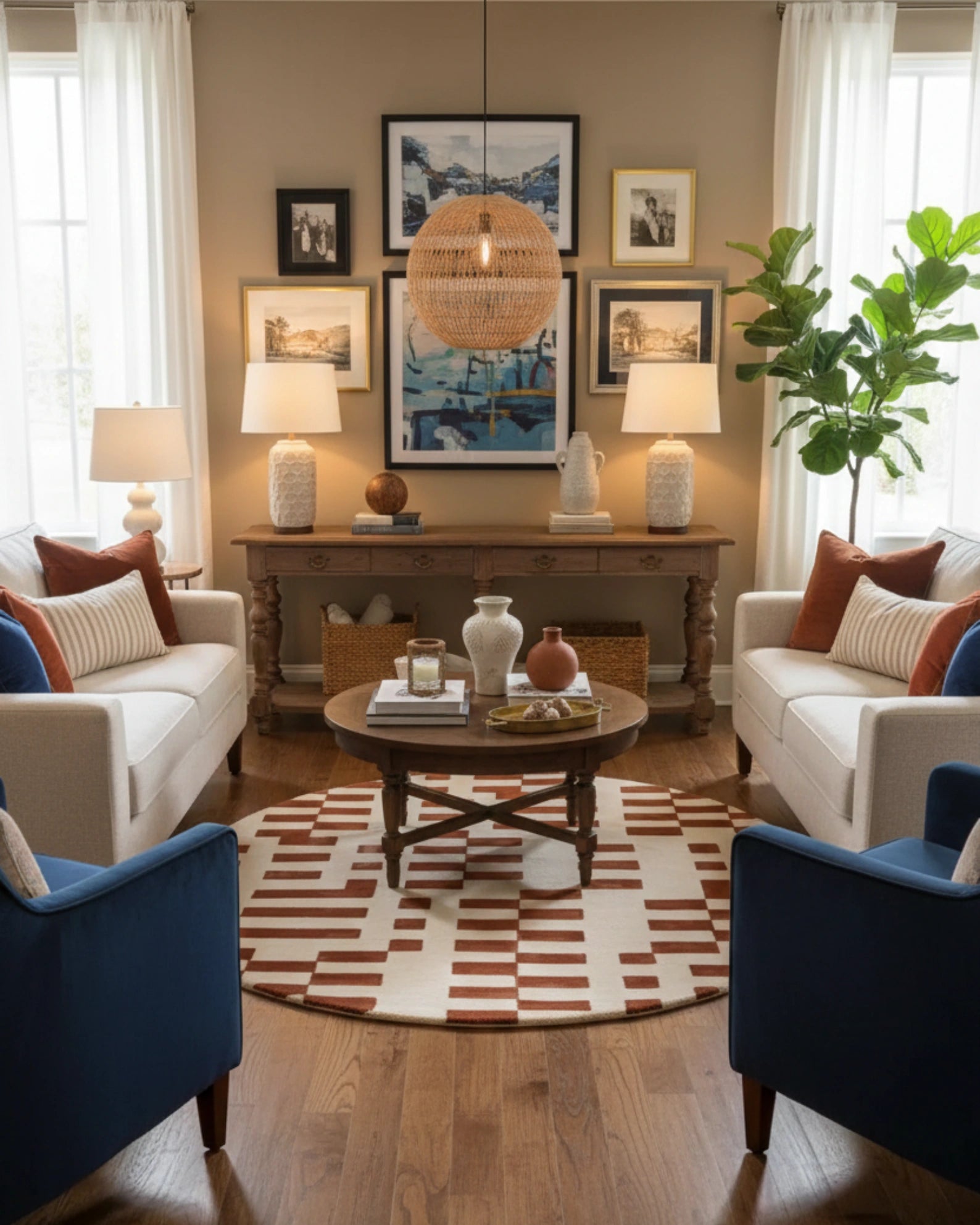 Cozy living room with terracotta beige geometric round area rug, blue chairs, beige sofas, and wooden coffee table