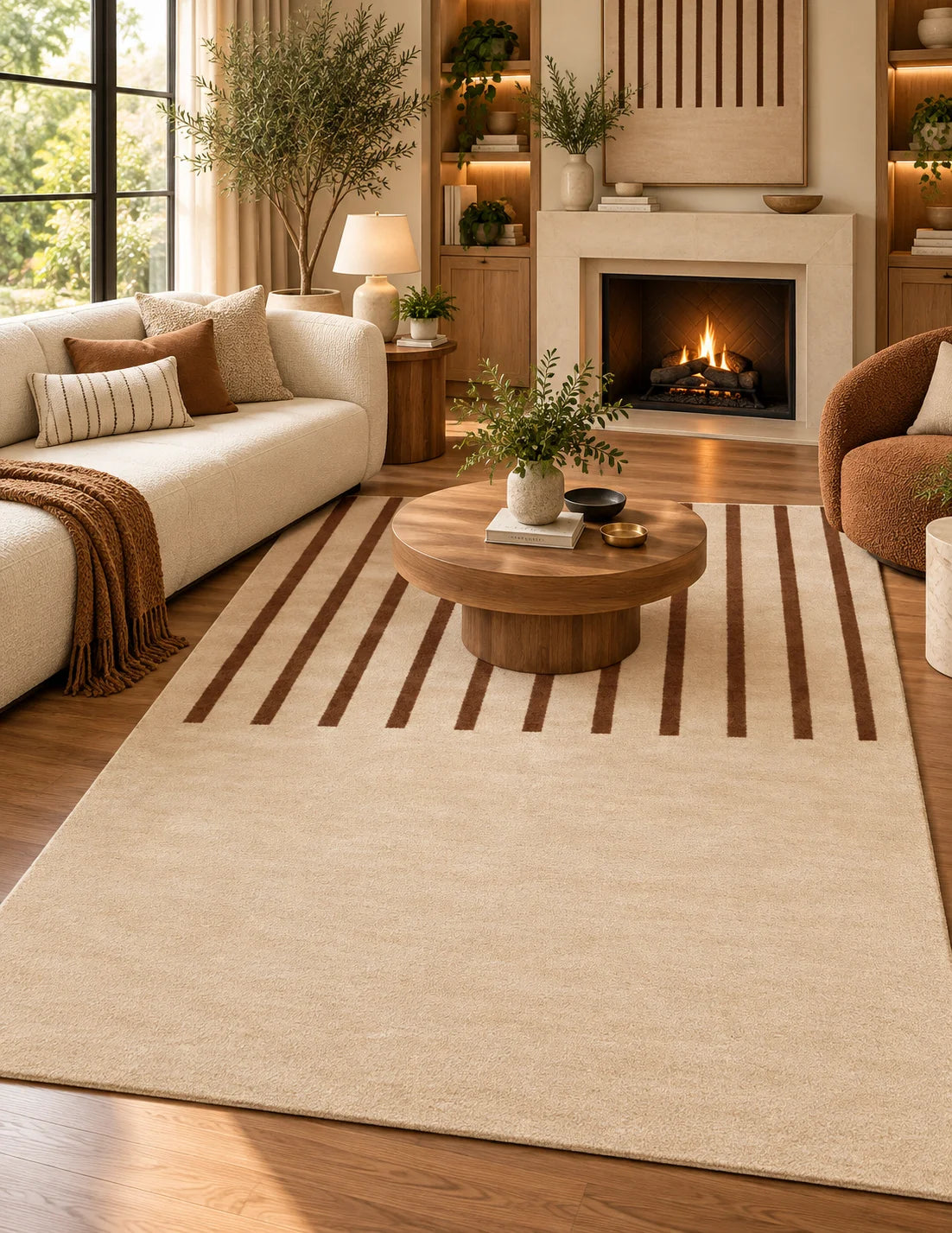 Terracotta and cream geometric area rug styled in a modern living room, 9x12 size
