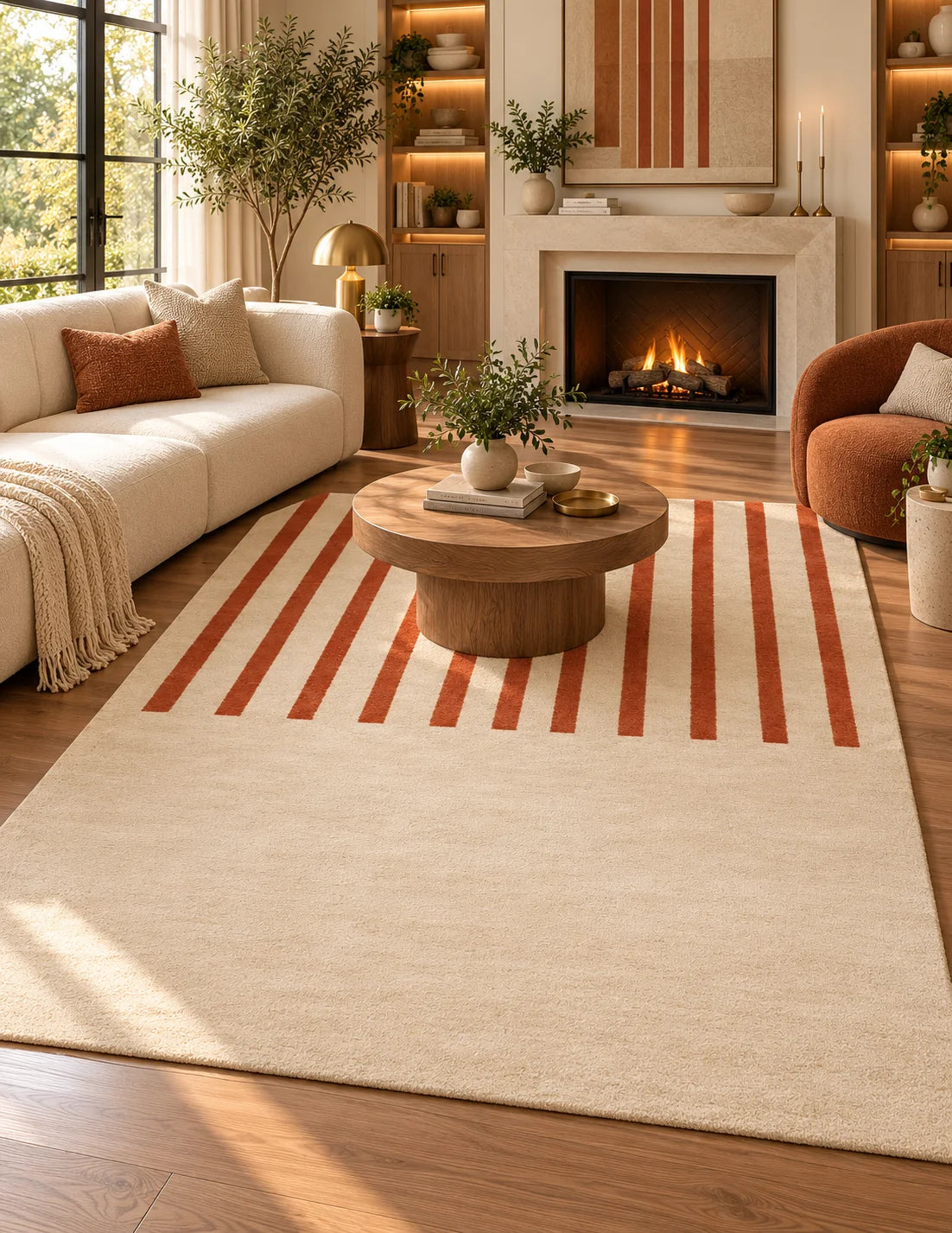 Beige and rust 9x12 rectangular area rug for bedroom with minimalist vertical stripe pattern