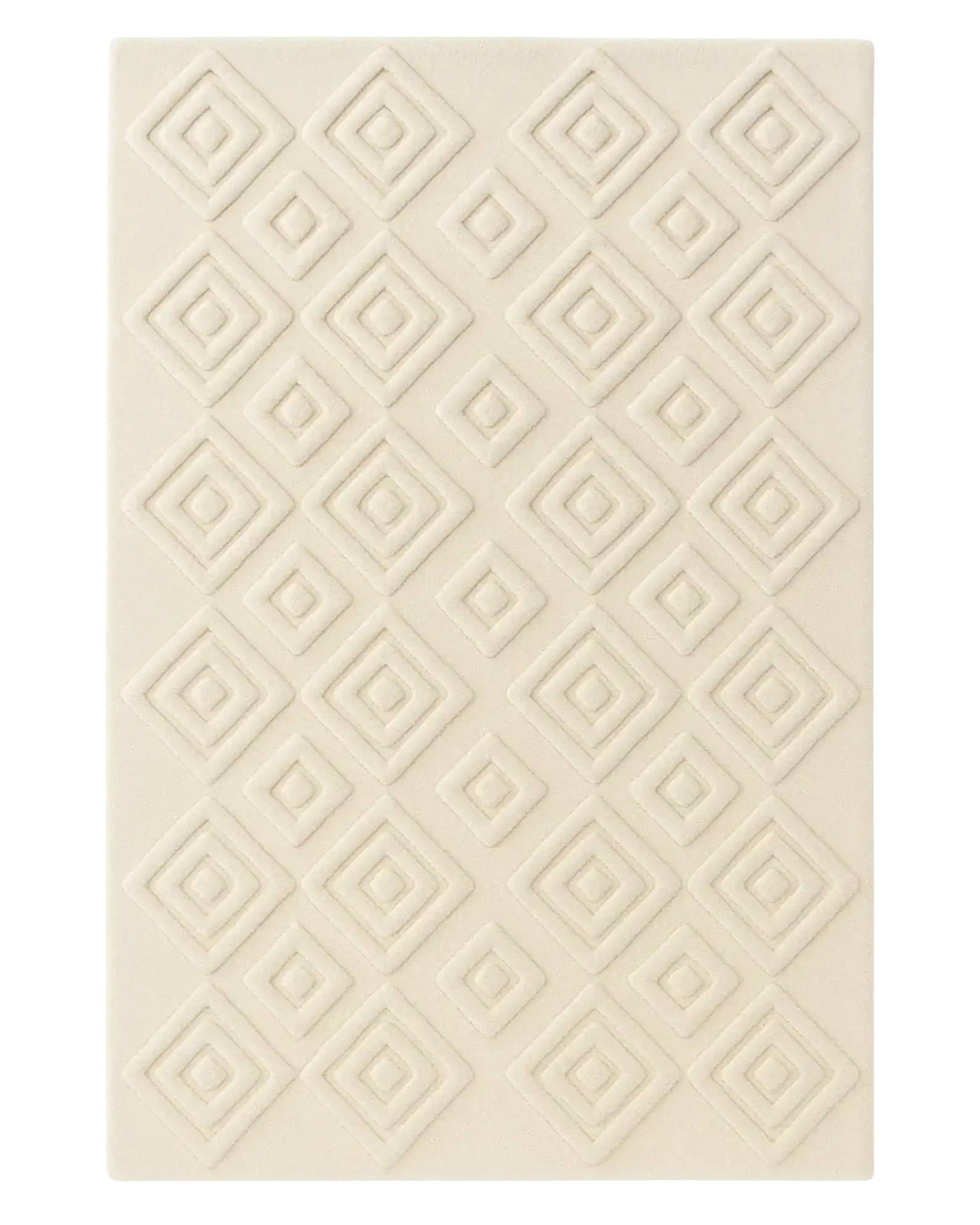 Textured cream hand-tufted wool rug with raised diamond carving.