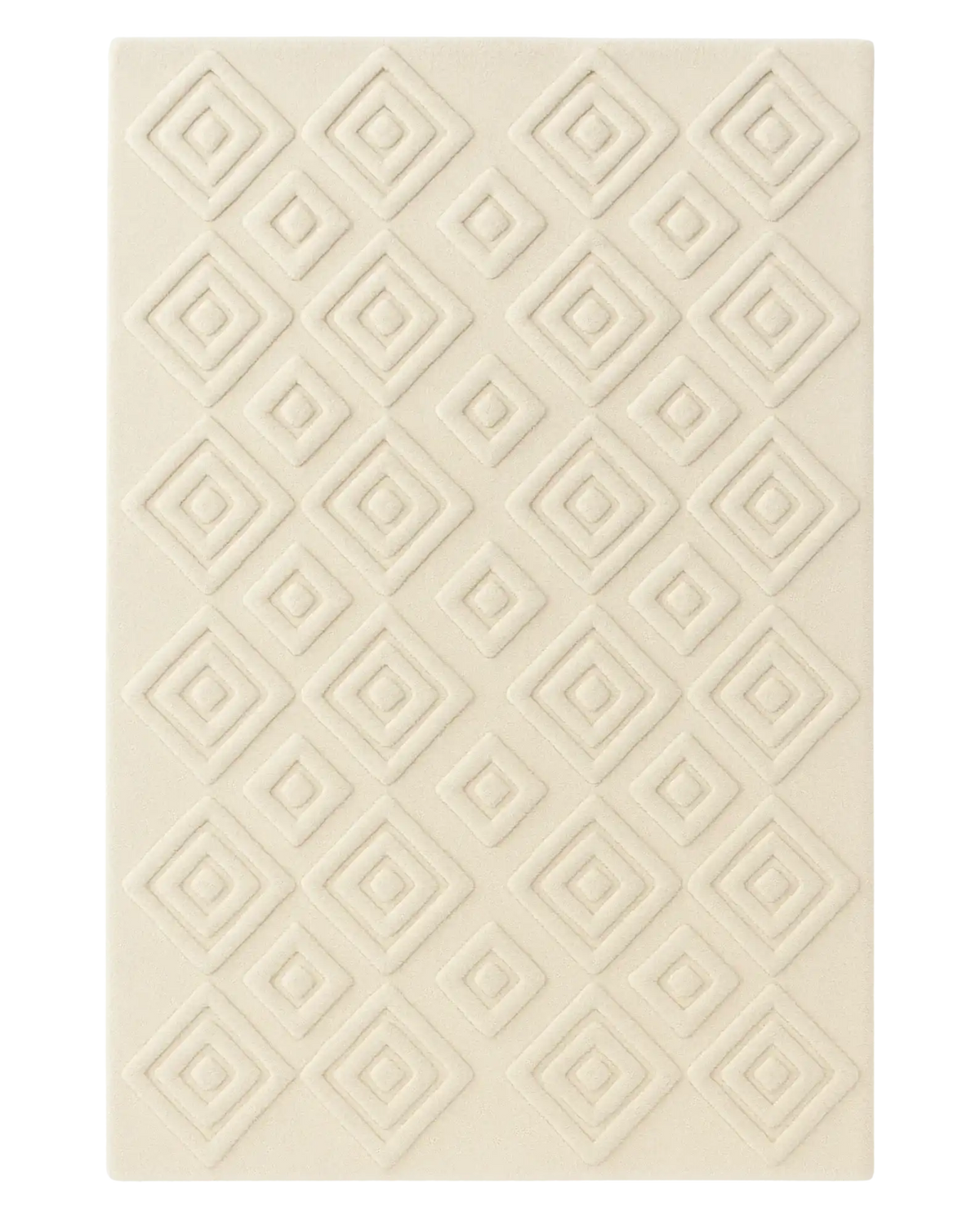 Textured cream hand-tufted wool rug with raised diamond carving.