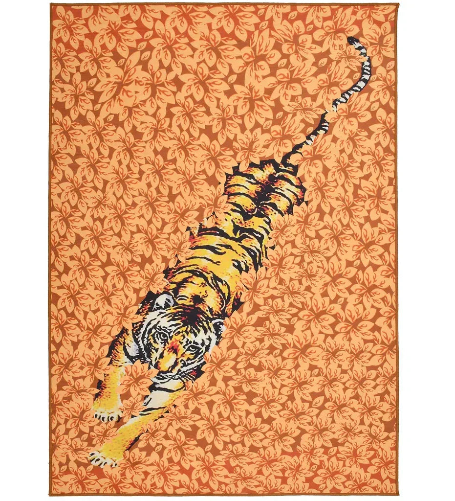 Tiger print floral machine washable rug.