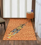 Orange floral patterned rug with a stretched tiger design on wood floor in modern room