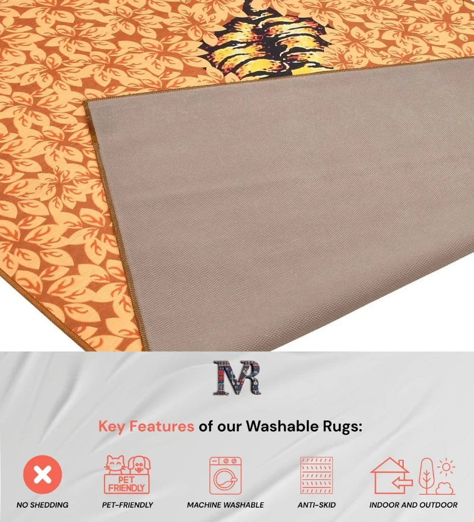 Statement rug with tiger stripes and floral accents.