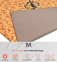 Statement rug with tiger stripes and floral accents.
