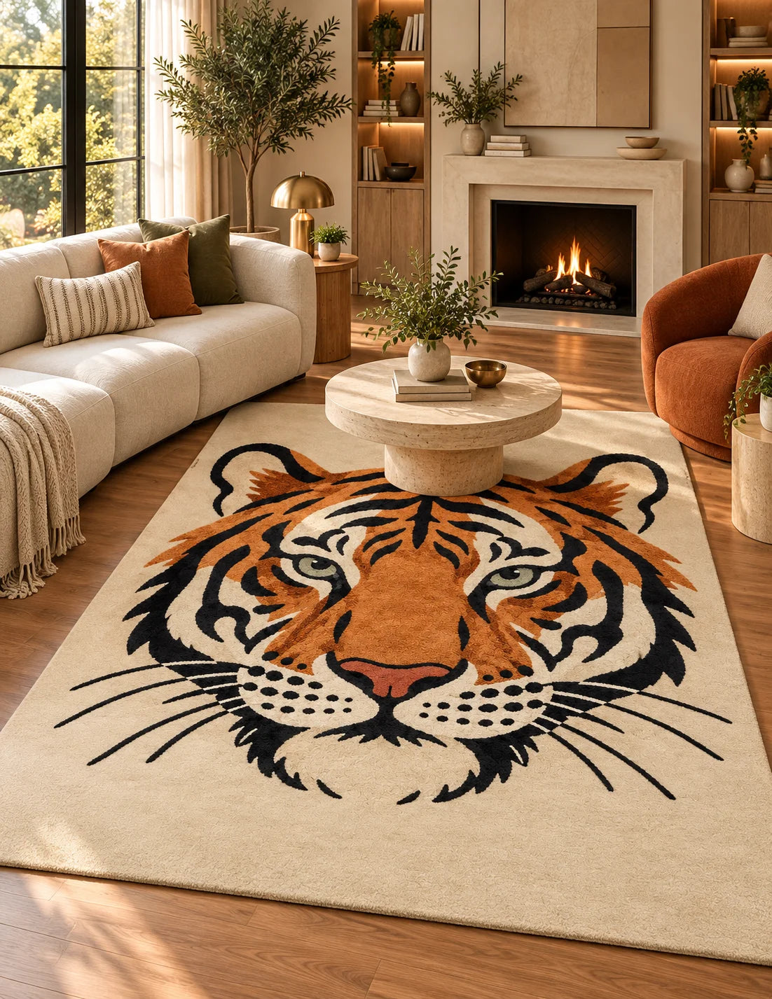 Orange and beige tiger animal print rug in living room, hand-tufted wool area rug 8x10