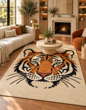 Orange and beige tiger animal print rug in living room, hand-tufted wool area rug 8x10