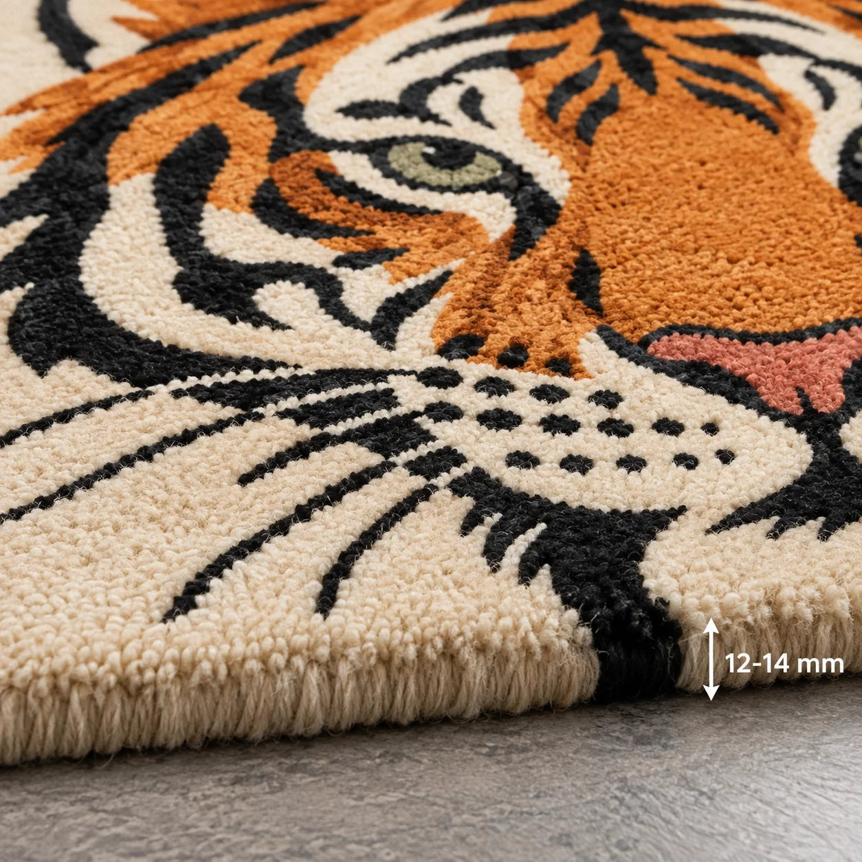 Tiger animal print wool rug with orange and black stripes, 9x12 area rug for living room