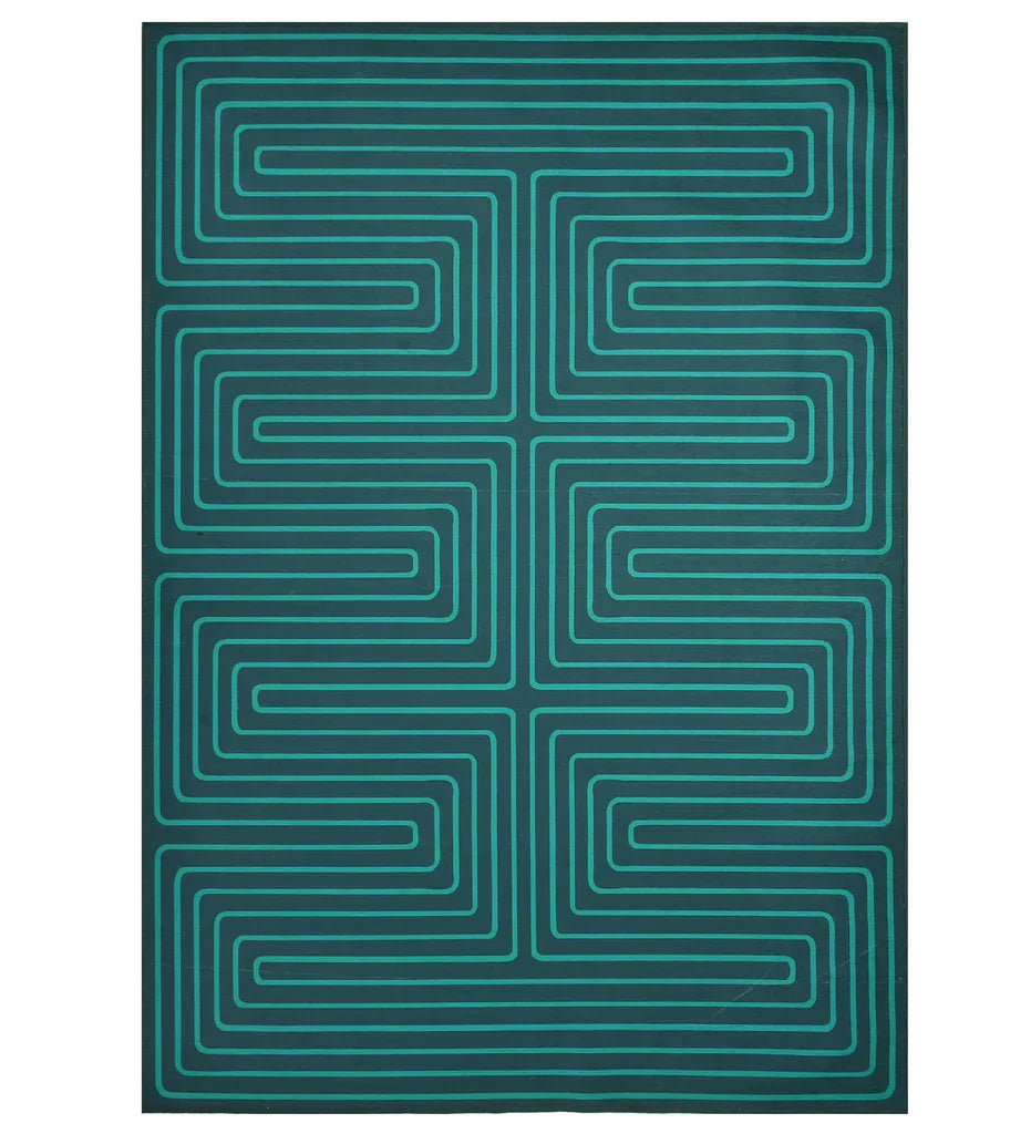 Turquoise Maze Rug with modern geometric pattern.