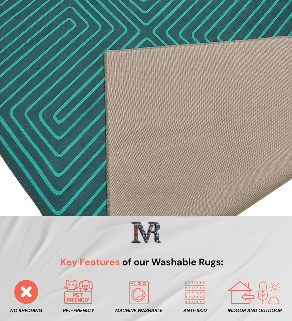 Stylish turquoise maze pattern rug for modern homes.