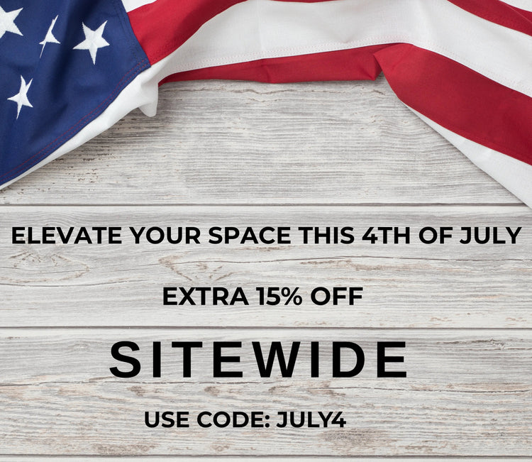 Promotional text for an extra 15% off site-wide with a code on a wooden background with an American flag.