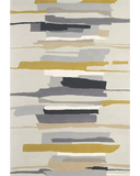 Modern abstract rug with horizontal stripes in gold, gray, black, and beige tones by Mannat Rugs