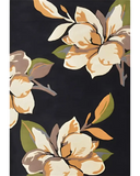 Luxury handwoven rug with large beige and tan floral patterns and green leaves on a black background