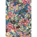 Luxury handwoven floral rug with pink, purple, orange, and cream flowers on blue background by Mannat Rugs