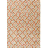 Luxury handwoven rug with interlocking geometric orange pattern on beige background