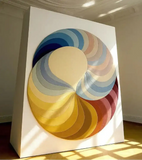 Colorful handwoven circular rug with blue, beige, yellow, orange, and red segments displayed indoors on white stand