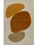 Handwoven modern rug with abstract organic shapes in mustard, brown, and beige on light background