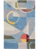 Abstract geometric luxury rug with blue, yellow, red, and green shapes and circles