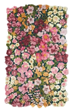 Handwoven luxury floral rug with pink, yellow, and cream flowers on green background