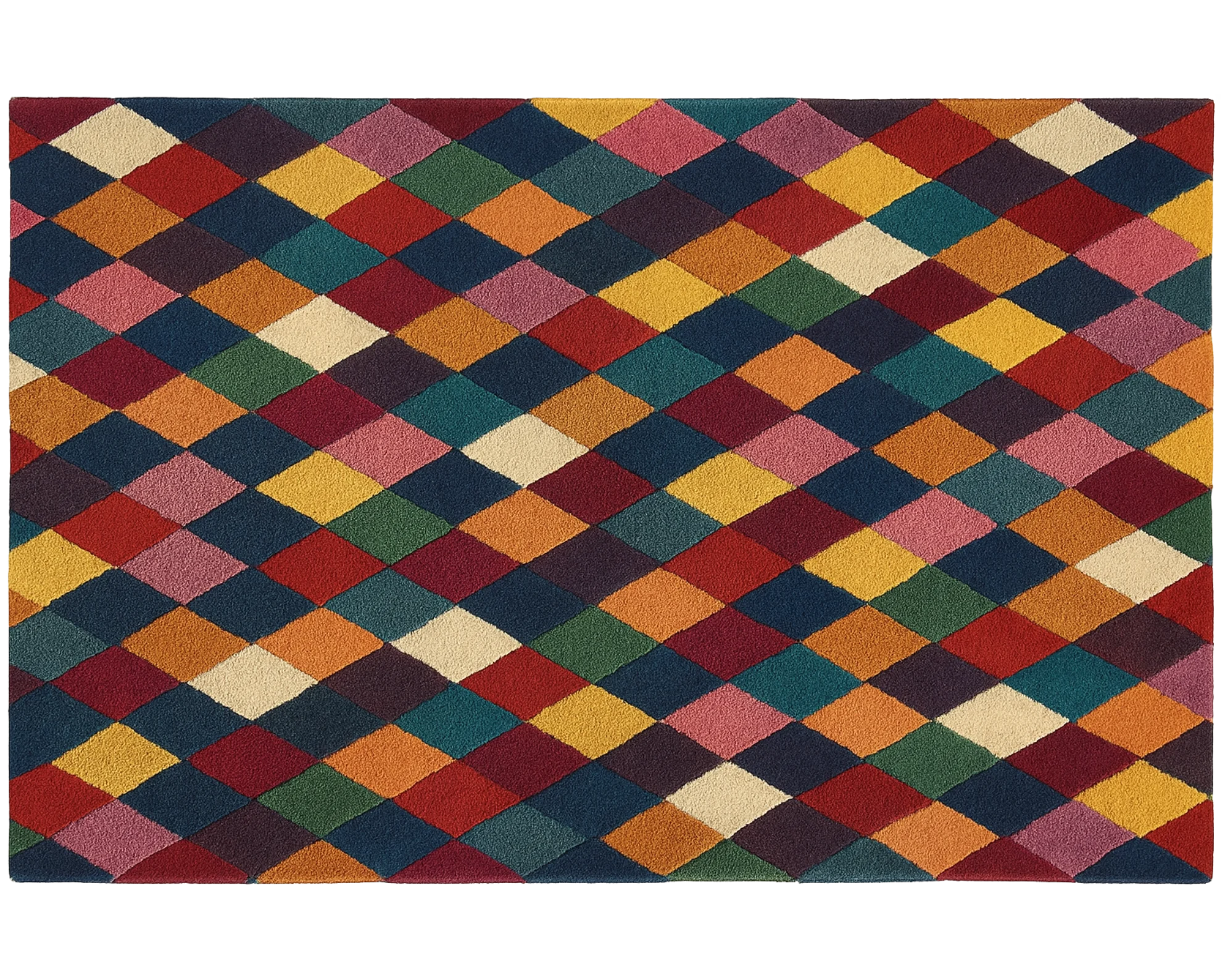 Contemporary geometric wool rug with bold diamond pattern.