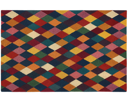 Contemporary geometric wool rug with bold diamond pattern.