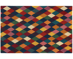 Contemporary geometric wool rug with bold diamond pattern.