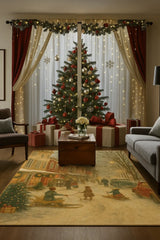 Holiday machine washable rug with nostalgic Christmas town design