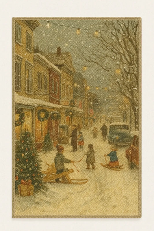Vintage Christmas village rug with snowy holiday street scene