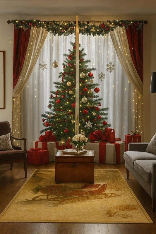 Traditional Christmas rug with vintage sled and falling snow design