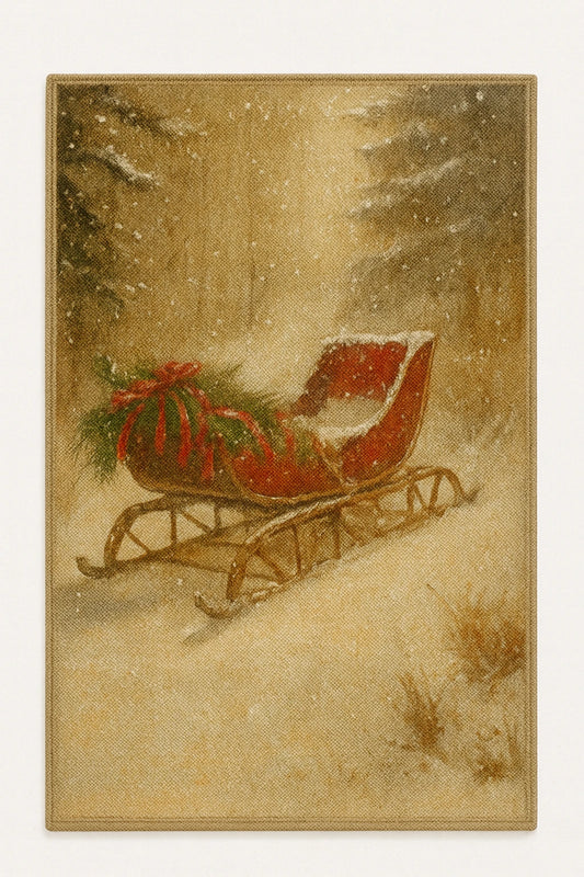 Vintage Christmas sleigh rug with red sled and festive greenery in snowy forest