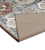 Close-up of vintage-style rug with geometric floral patterns in brown, beige, and gray tones, corner flipped showing non-slip backing
