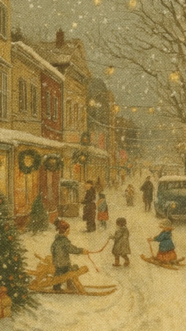 Traditional Christmas washable rug with snow, lights, and holiday cheer