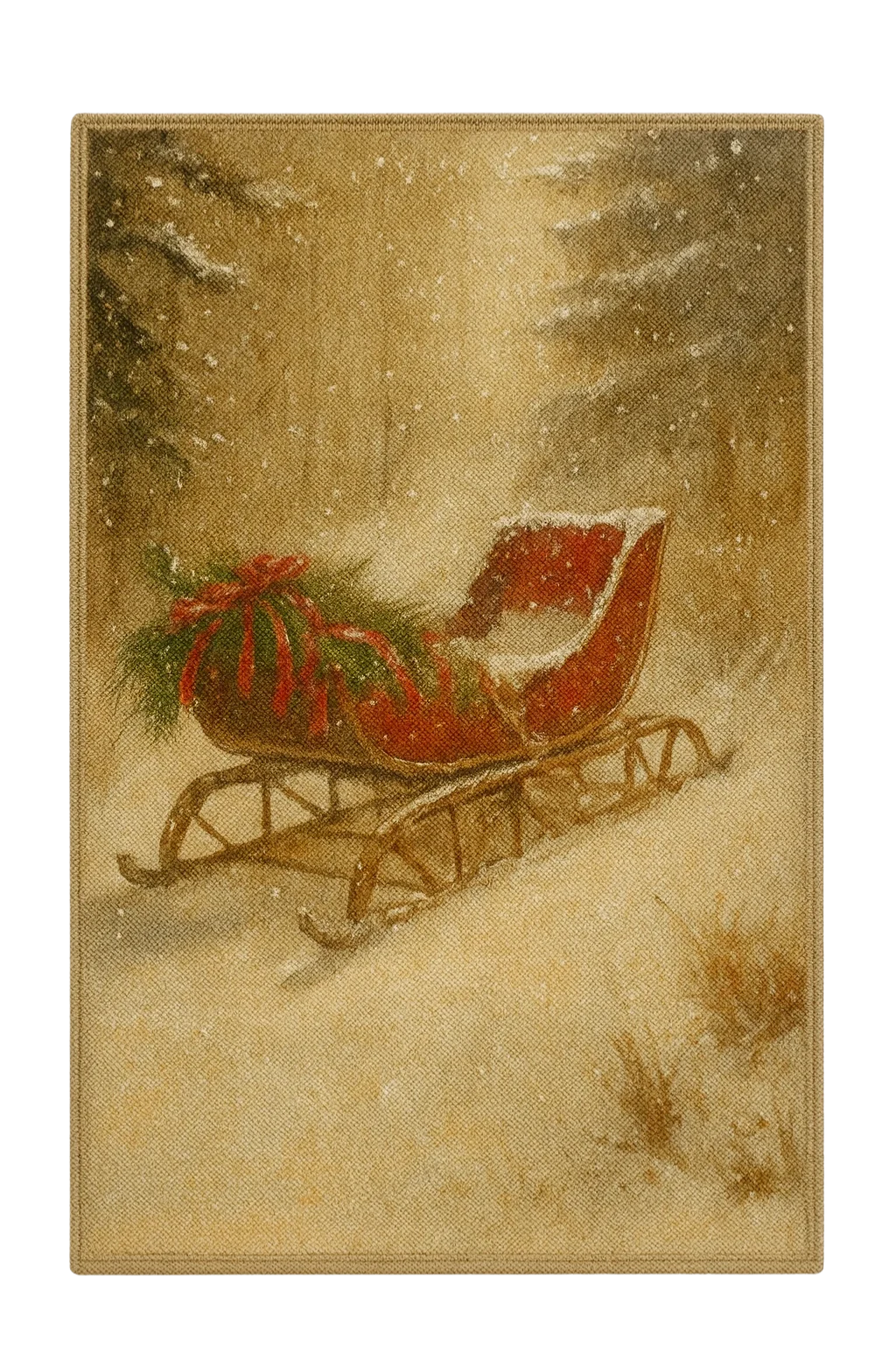 Vintage Christmas sleigh rug with red sled and festive greenery in snowy forest