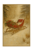 Vintage Christmas sleigh rug with red sled and festive greenery in snowy forest