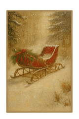 Vintage Christmas sleigh rug with red sled and festive greenery in snowy forest