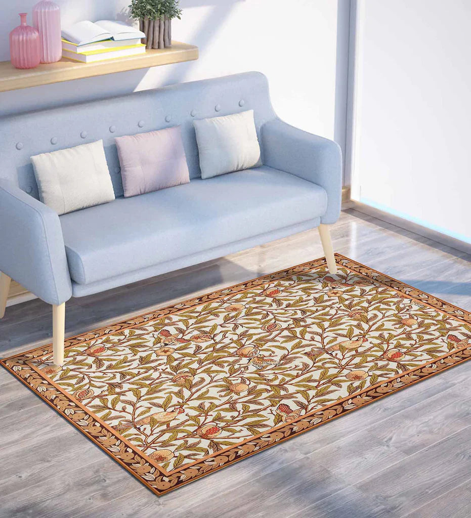 Machine washable botanical area rug in warm tones.