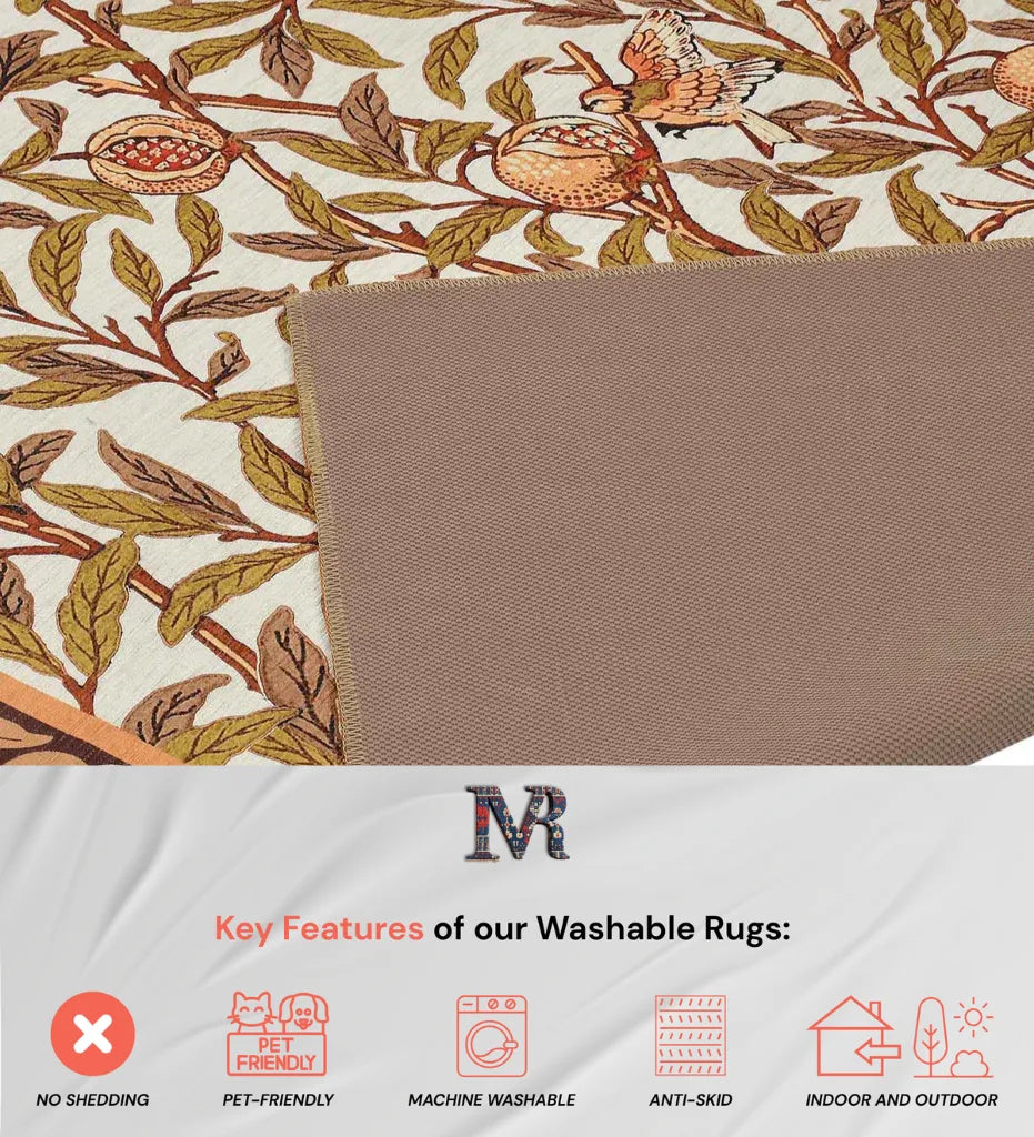 Stylish warm botanical rug perfect for rustic and bohemian interiors.